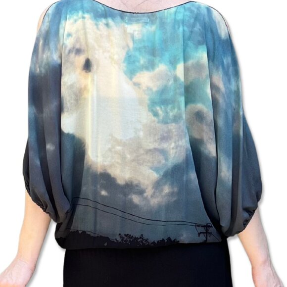 M.S.S.P. Cloud Print Dress Black Skirt Overlay Batwing Sleeves Adjustable Waist - Picture 2 of 7